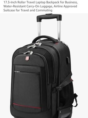 17.3" Rolling Laptop Backpack Carry-On in Black with Red Accent